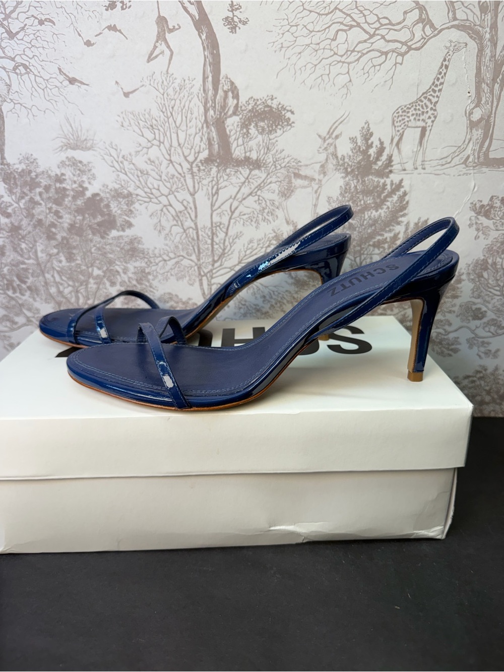 Schutz Diana Mid Sandal in Infinite Blue patent leather kitten heel strappy - Picture 6 of 9